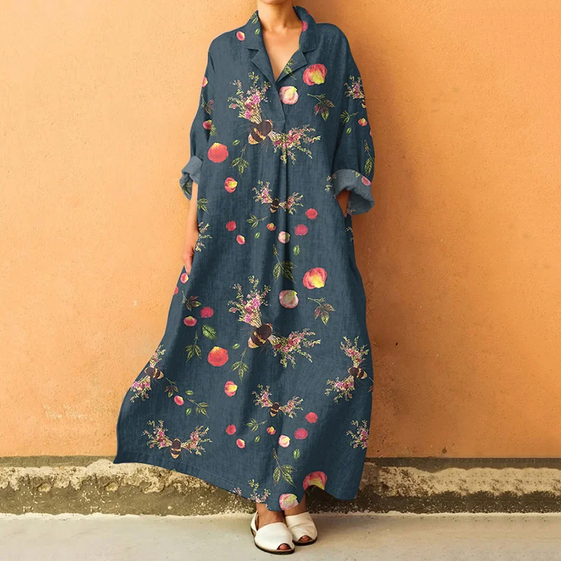 Vintage Bee Floral Art Lapel Long Sleeve Dress