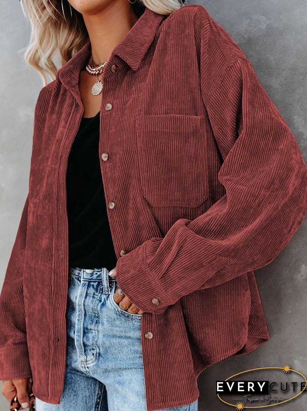 Lapel Loose Plain Long Sleeve Shirt Coat