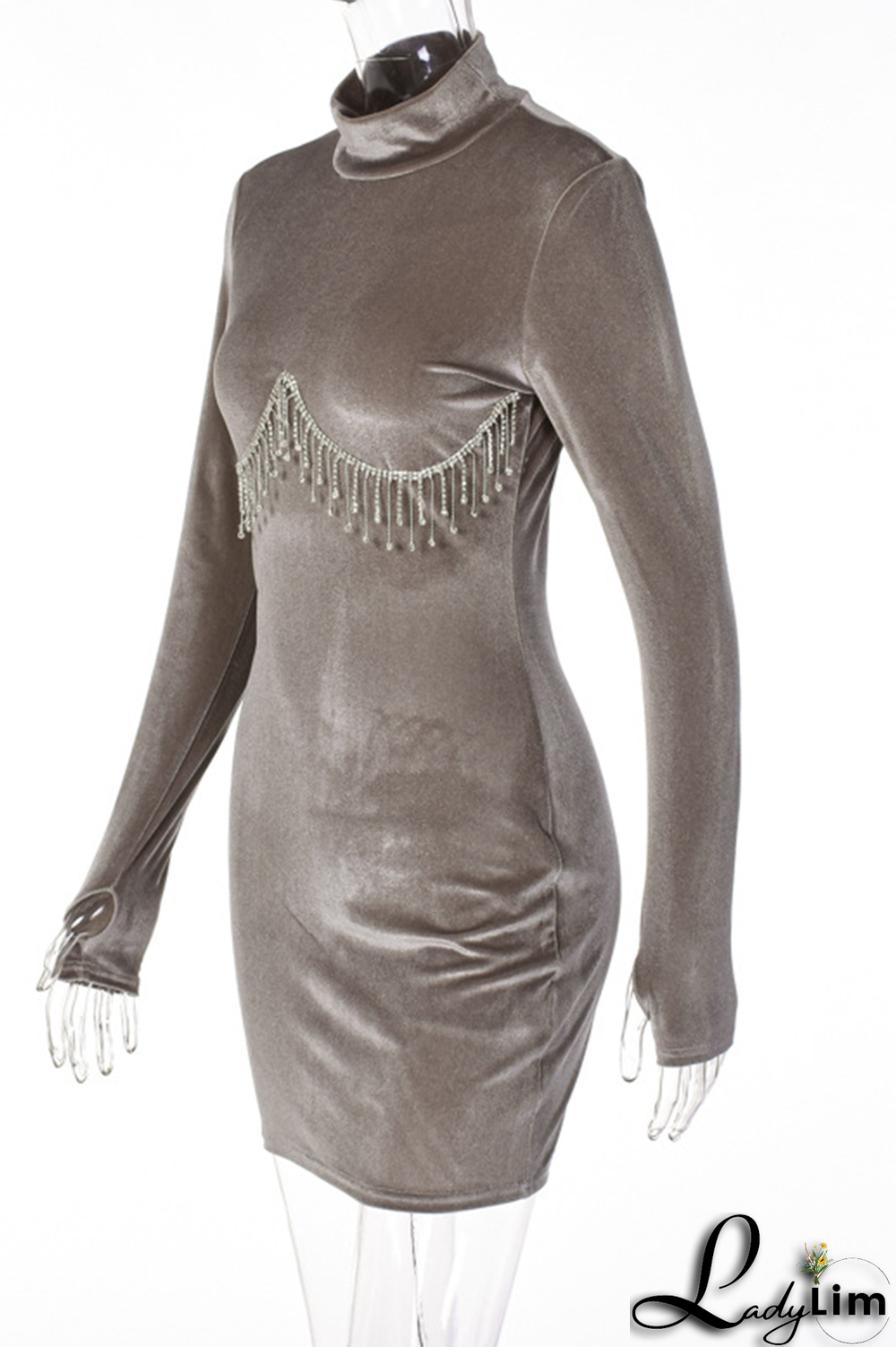 Rose Red Sexy Solid Rhinestone Half A Turtleneck Pencil Skirt Dresses