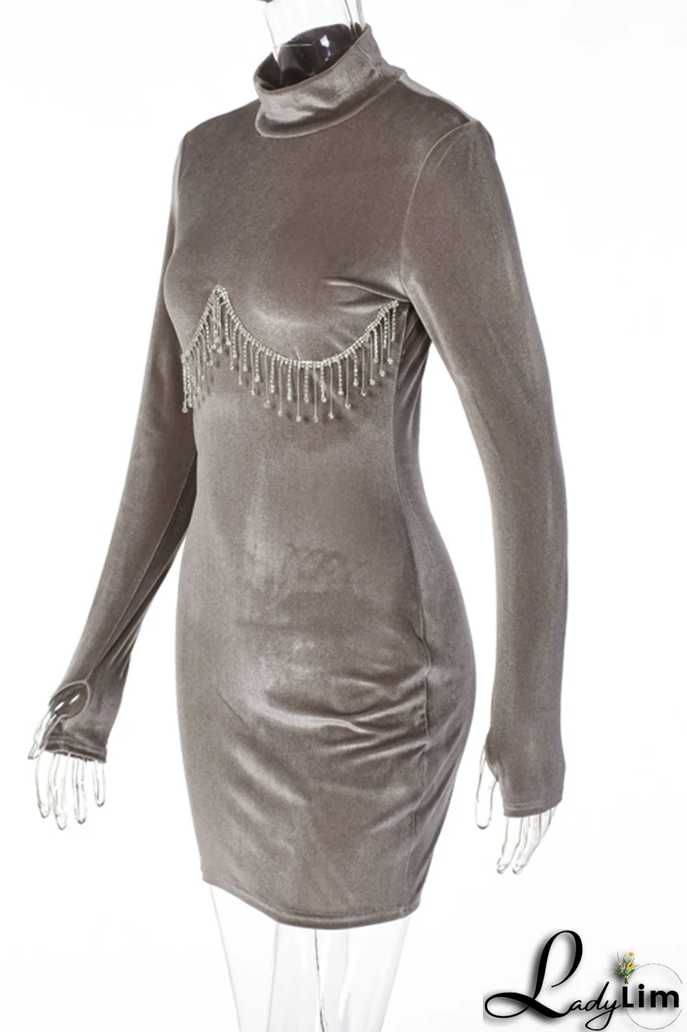 Rose Red Sexy Solid Rhinestone Half A Turtleneck Pencil Skirt Dresses