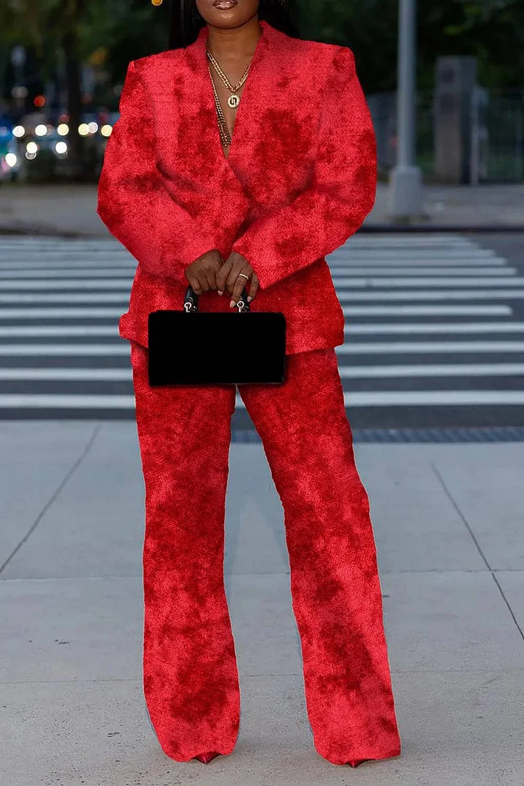 Plus Size Daily Pant Sets Casual Red Fall Winter Long Sleeve Velvet Two Piece Pant Sets [Pre-Order]