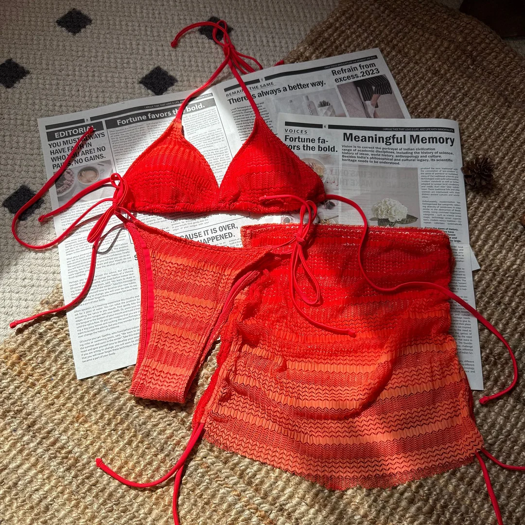 Uveng 2025 New Gradient Mesh Three-Piece Beach Short Skirt Sexy Bikini