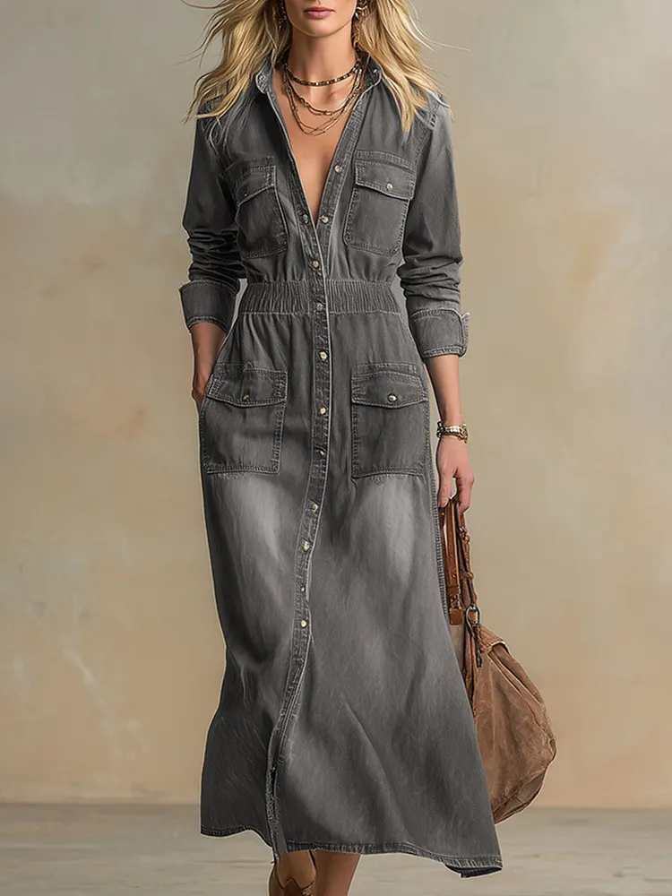 Chic Urban Front Button Gray Denim Maxi Dress