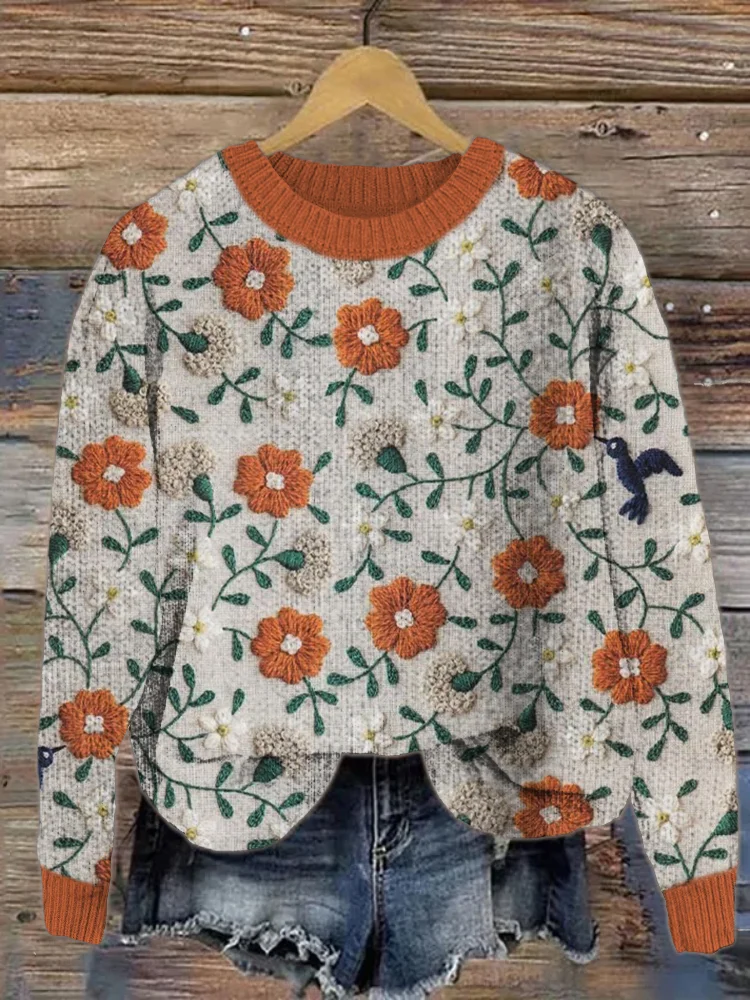 🔥kukelife🔥Forest Flower Embroidery Cozy Sweater
