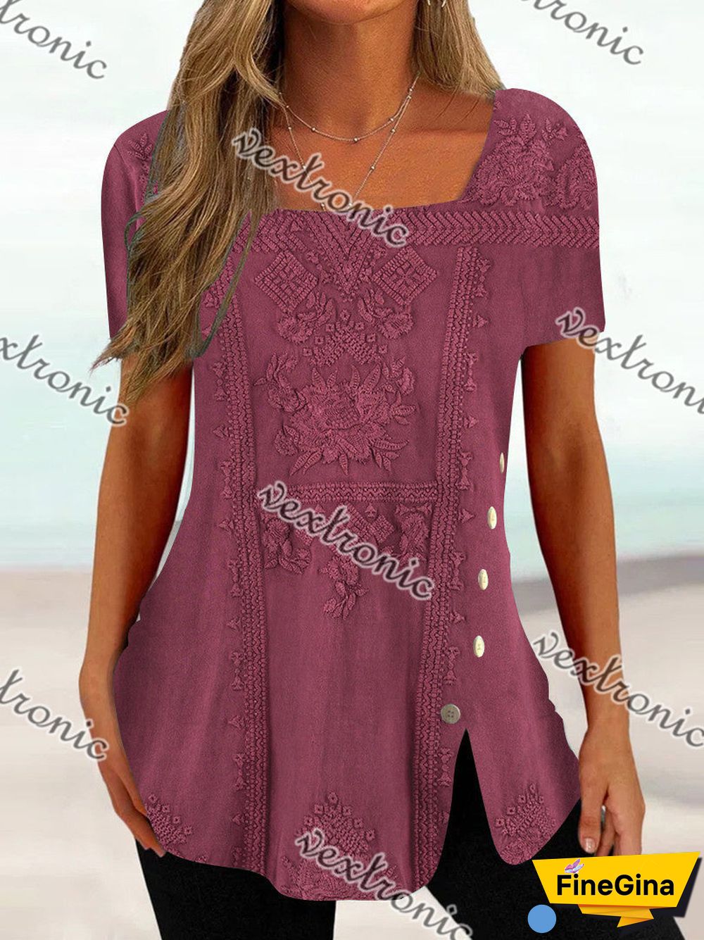 Women Short Sleeve U-neck Floral Printed Top