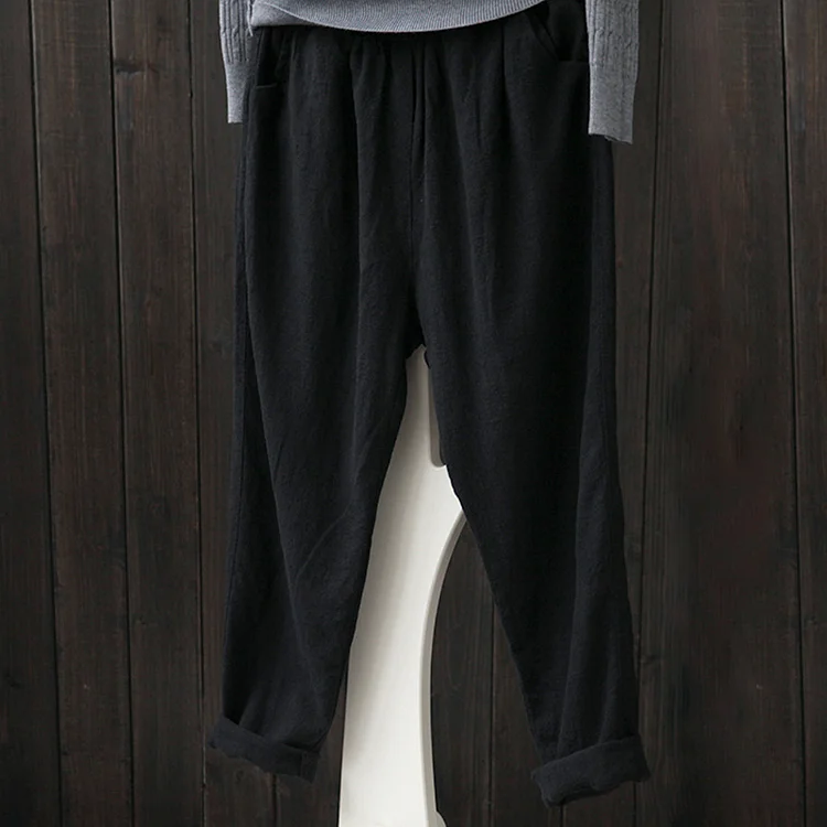 Vintage Solid Color Elastic Waist Casual Pants