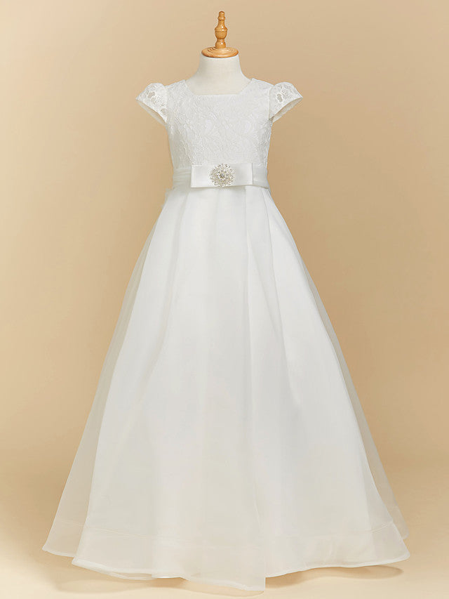 Oknass Short Sleeve Square Neck A-Line Flower Girl Dress Lace Satin With Bow