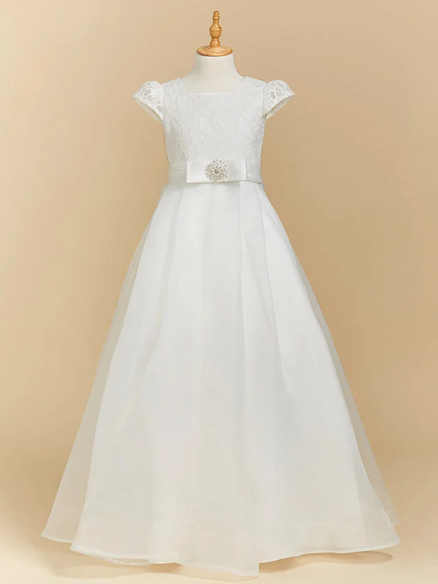 Daisda Short Sleeve Square Neck A-Line Flower Girl Dress Lace Satin With Bow