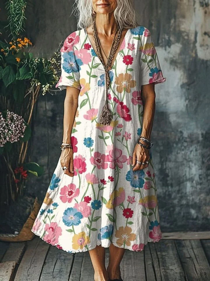 Women's Vintage Lovely Floral Art Print Pocket Cotton Dress