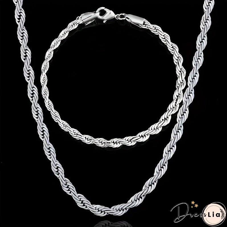 2pcs Sterling Silver Necklace Bracelet Set Stylish Unisex Duo Versatile Daily Wear for Him