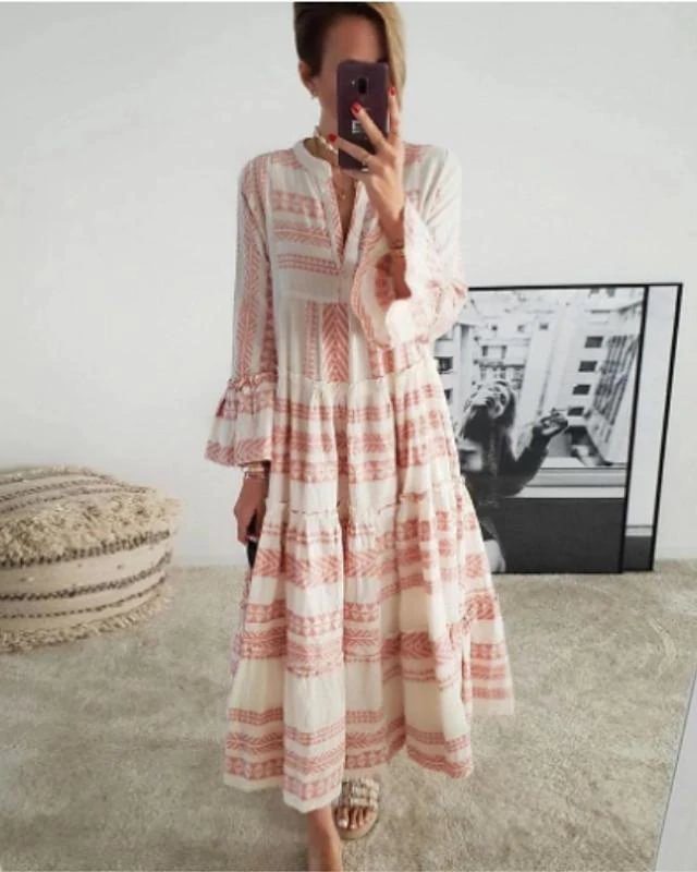 Women's Swing Dress Maxi Long Dress - 3/4 Length Sleeve Geometric Print Spring Summer Casual Vacation Dresses Flare Cuff Sleeve Red Gray