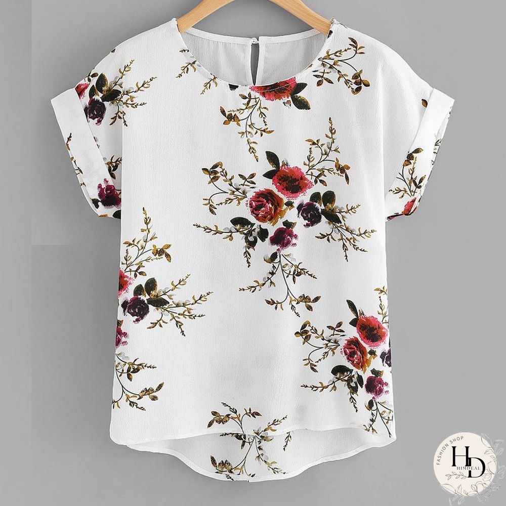Summer Fashion Floral Print Blouse Pullover Ladies O-Neck Tee Tops Female Womens Short