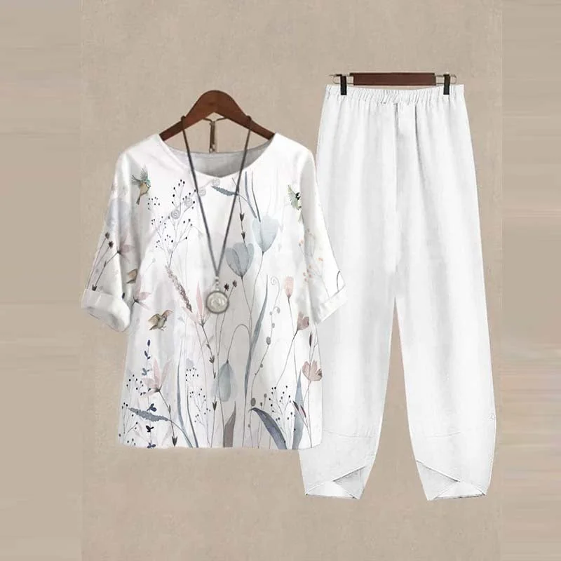 Women's Half Sleeve Scoop Neck Floral Printed Buttons Top & Pockets Design Long Pants Set