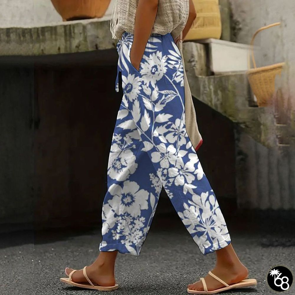 Blue Plant Print Side Pocket Pants | 168DEAL