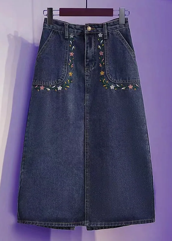 Loose Blue Embroideried Pockets Patchwork Denim Skirt Summer