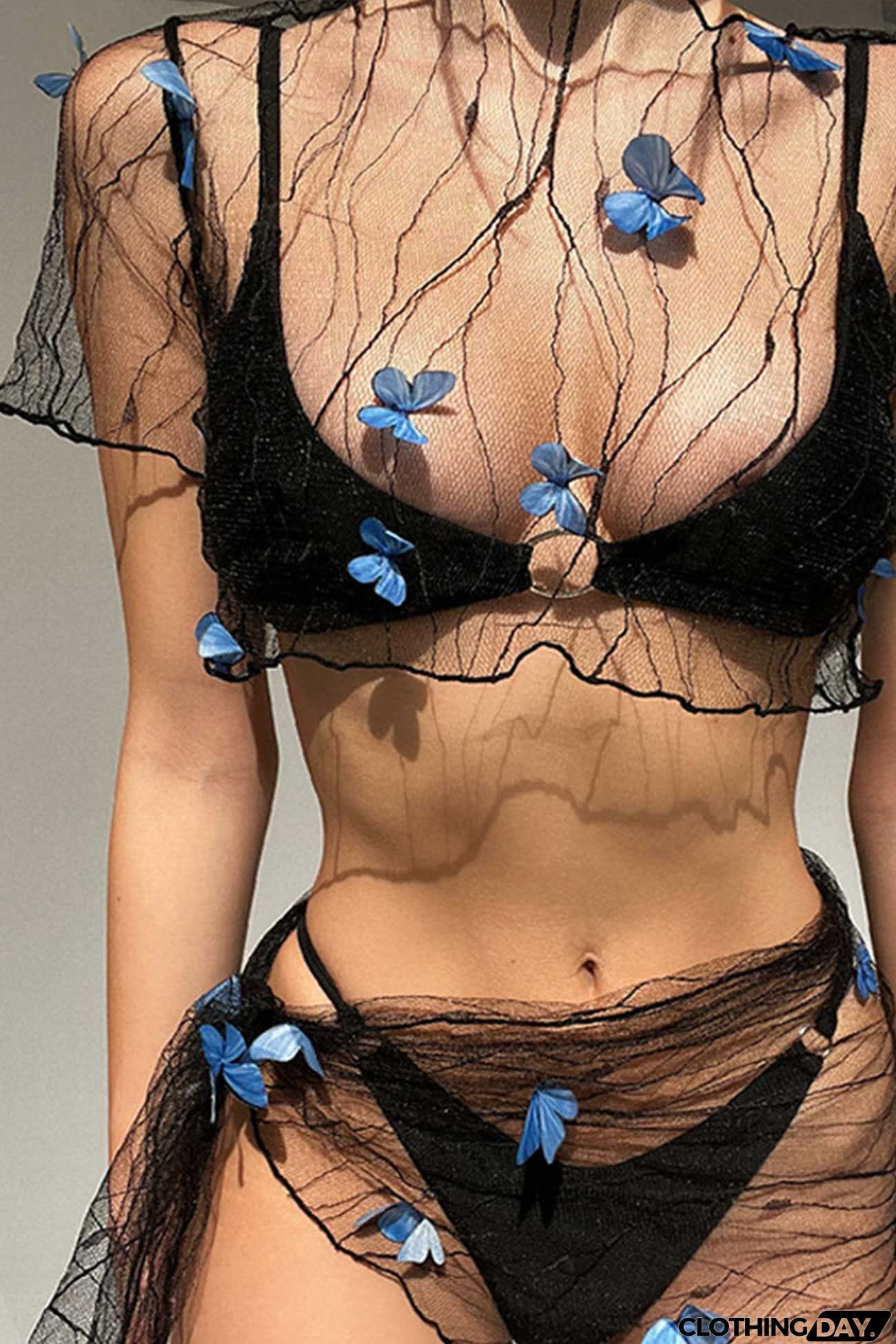 Mesh Butterfly Decoration Crop Top Skirt Suits