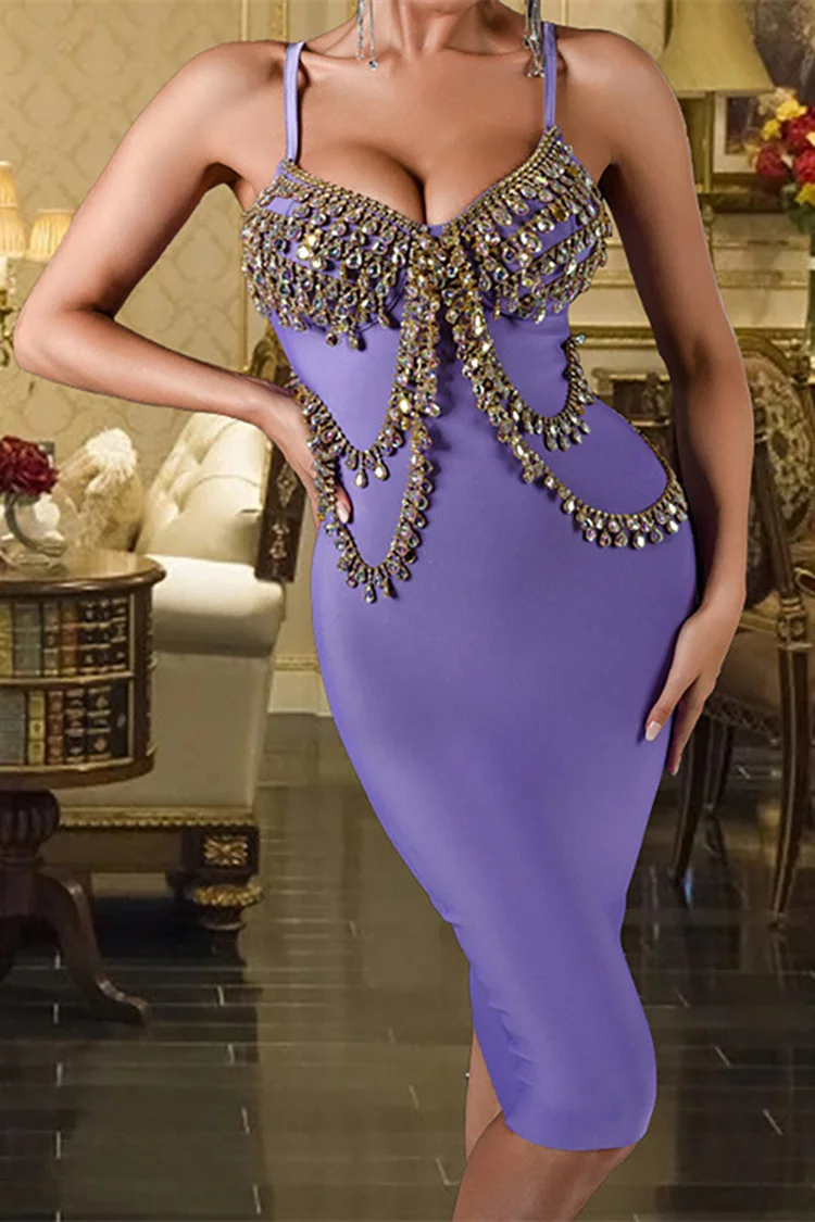 V Neck Rhinstone Chain Decor Mini Dress-Violet