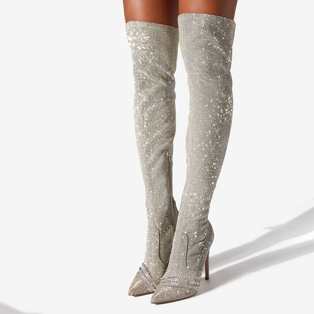 Slim Boots Over Knee Booties Glitter Rhinestone Heels Nicepairs