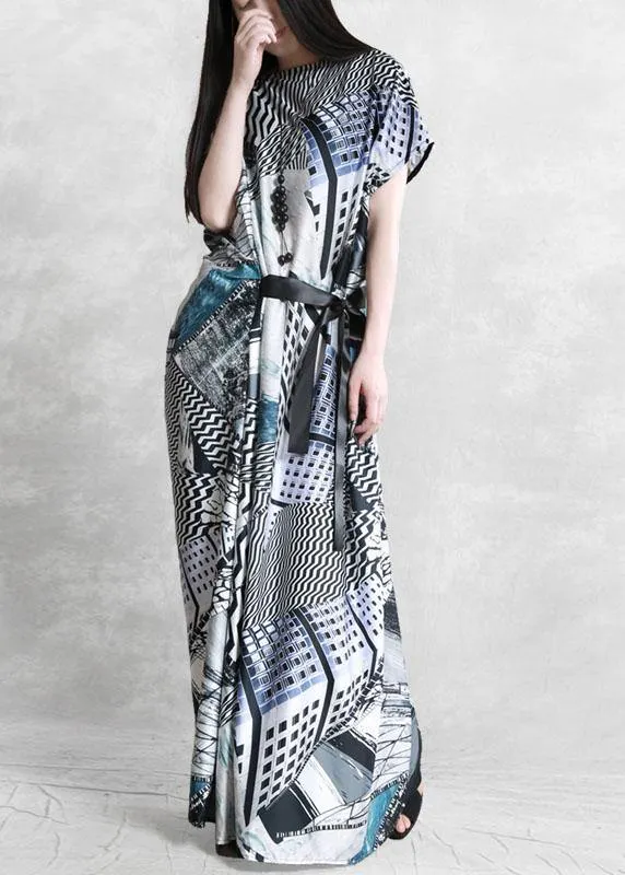 Plus Size Gray Print Silk Robe Dresses Tunic