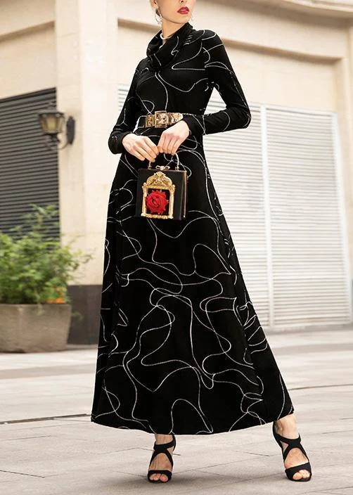 French black cotton tunic top wild Plus Size high neck Dresses