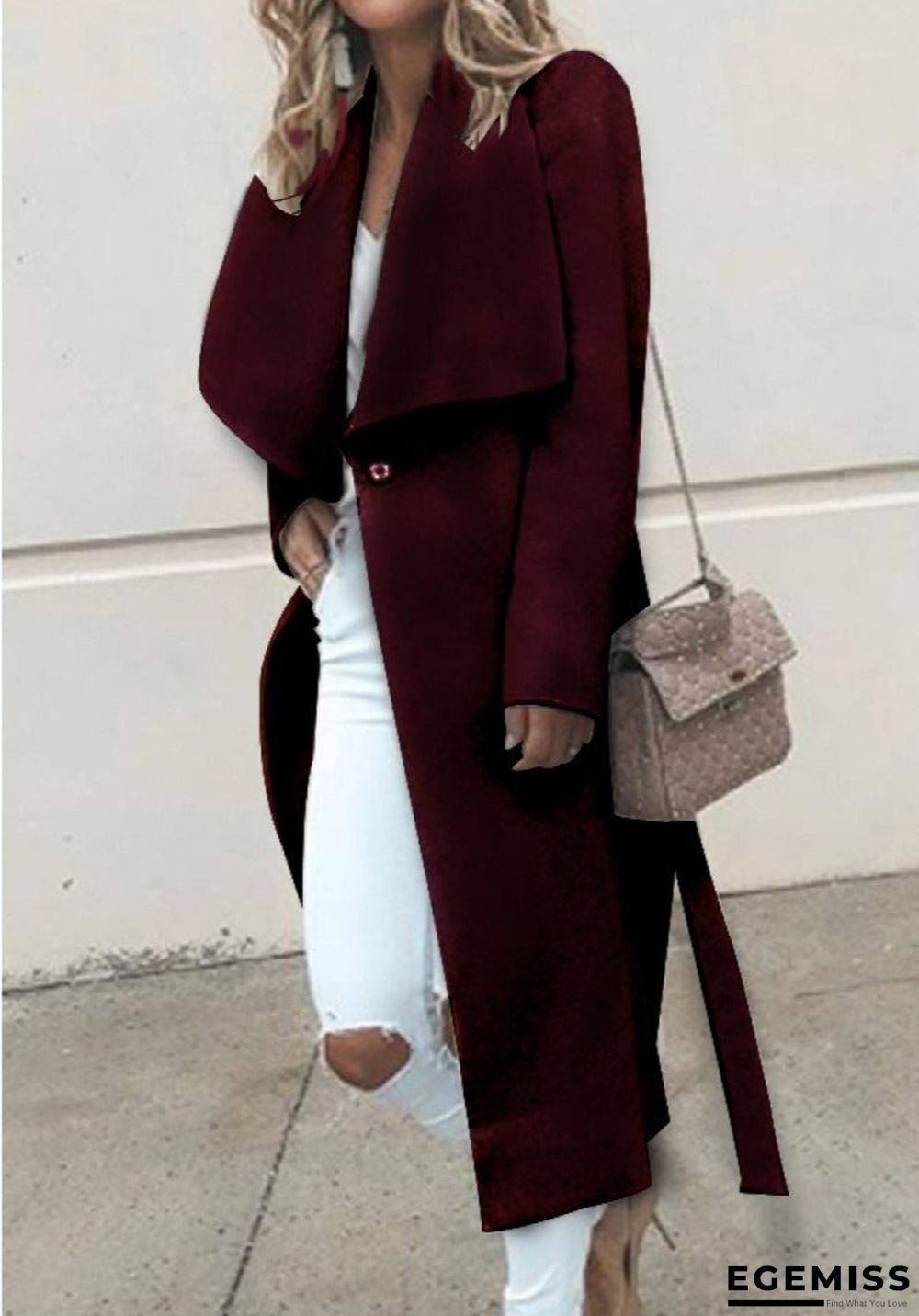 Fold-Over Collar Belt Plain Long Sleeve Coats | EGEMISS