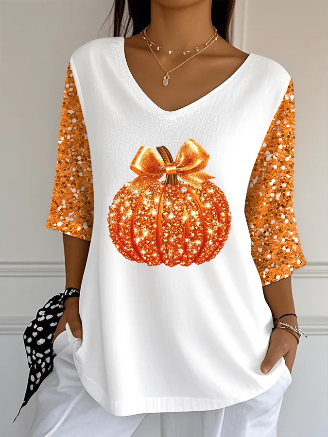 Women's Sequined Pumpkin Print Jacquard Fabric Casual V-Neck Top 