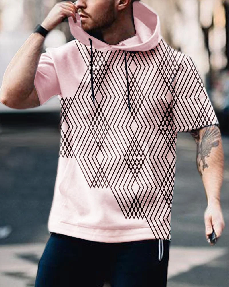 Men's Casual Pink Geometric Printing Short-Sleeved Hoodie