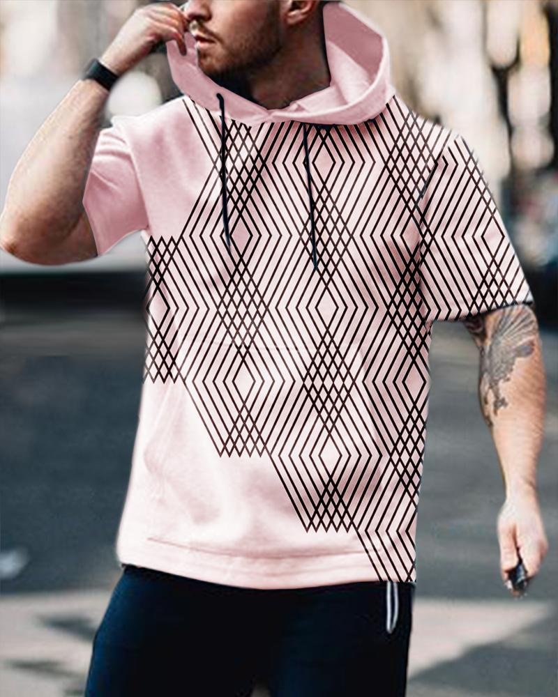 Men's Casual Pink Geometric Printing Short-Sleeved Hoodie