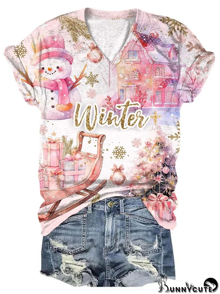 Women's Pink Winter Christmas Print T-Shirt