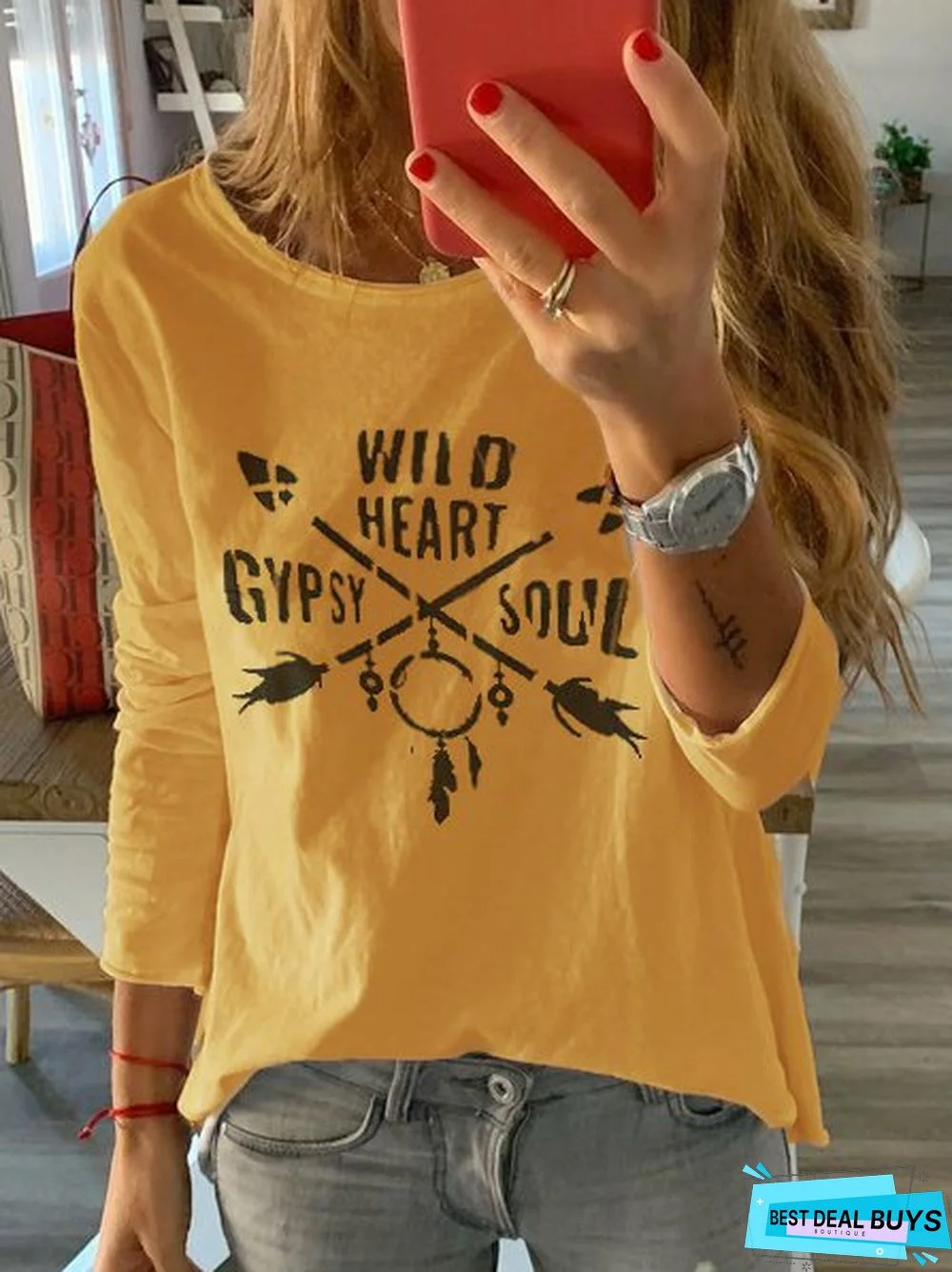 Crew Neck Cotton-Blend Geometric Long Sleeve T-shirt