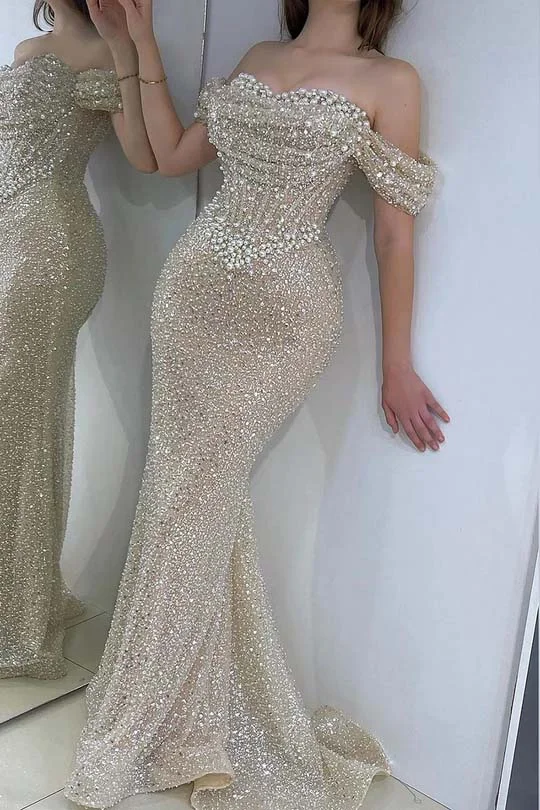 Oknass Off the Shoulder Strapless Sleeveless Long Prom Dress With Sequins