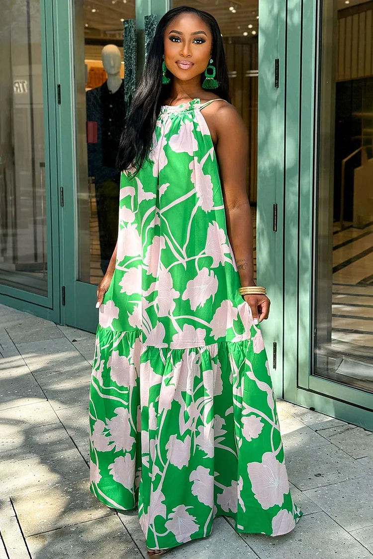 Backless Cami Floral Print Quilted Oversized Vacation Maxi Dresses-Green