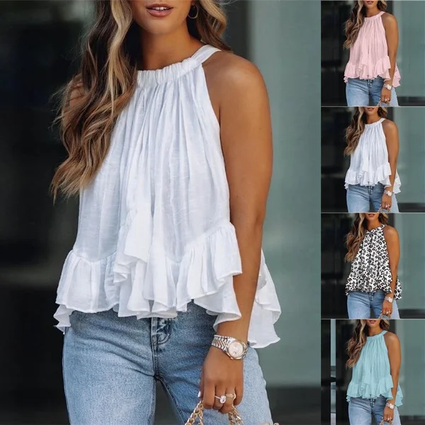 Summer Clothes Women's Fashion Loose Plus Size Tank Tops Sleeveless Halter Ruched Ruffles Casual Tops
