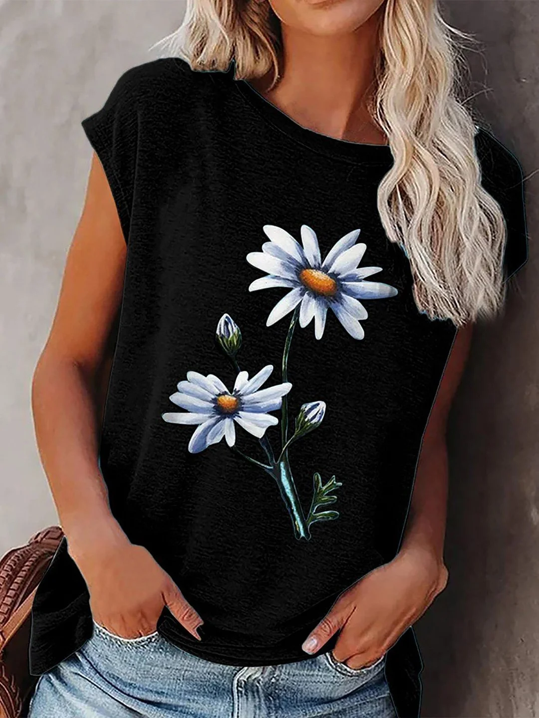 Holiday Floral-print Short Sleeve Casual  T-Shirts