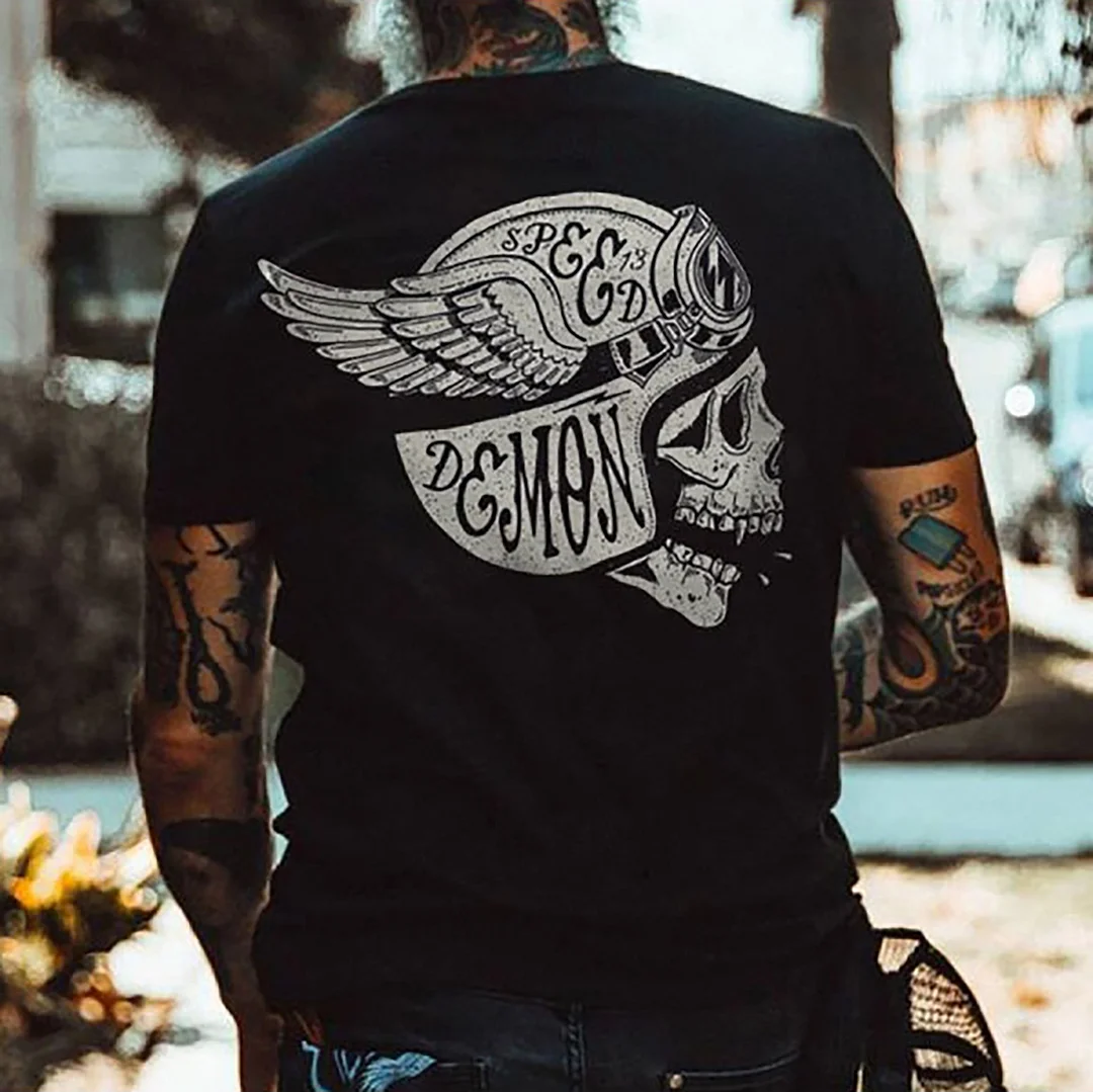 Crazy Skull with Winged Helmet Black Print T-shirt