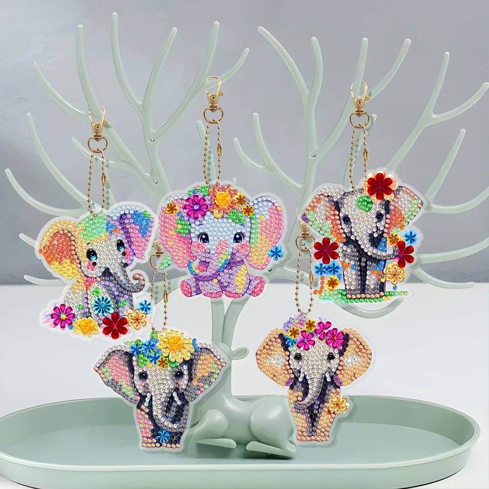 5pcs DIY Cartoon Elephant Diamond Key Rings for Beginners Kids Adults(Double Sided)