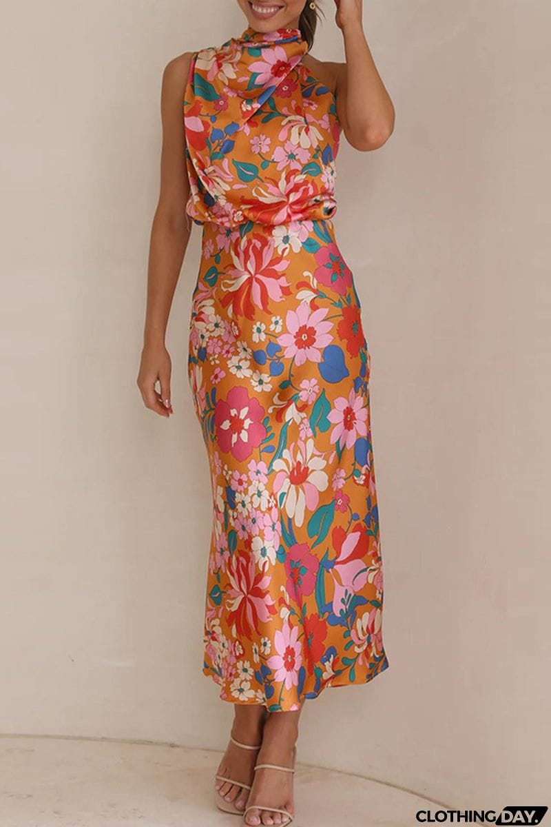 Celebrities Elegant Print Patchwork Asymmetrical Collar One Step Skirt Dresses