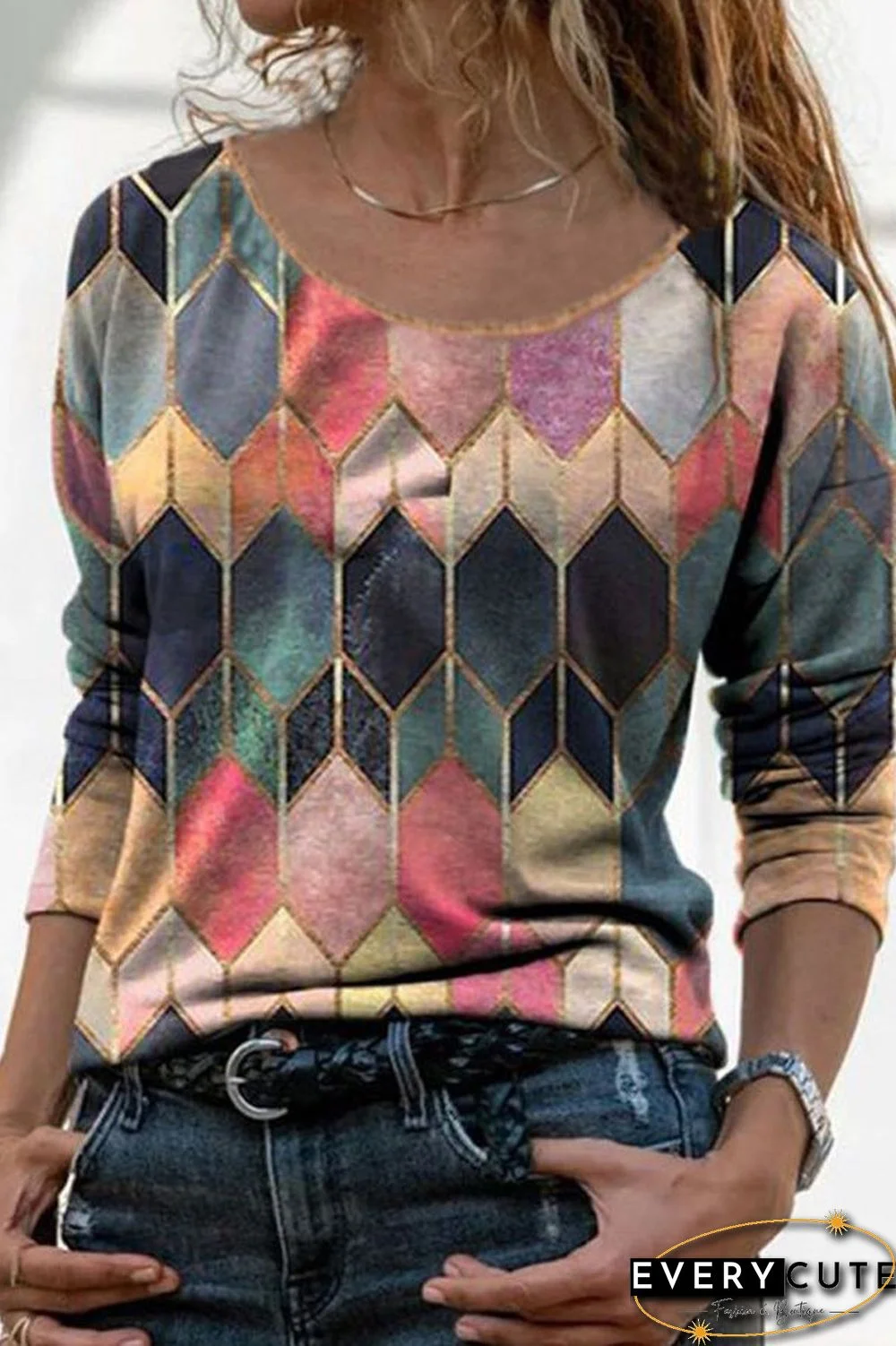 Round Neck Multicolor Long Sleeve T-Shirt