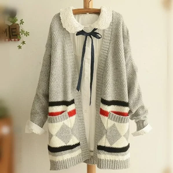Grey/Black Mori Girl Long Sleeve Cardigan Sweater Coat SP153456