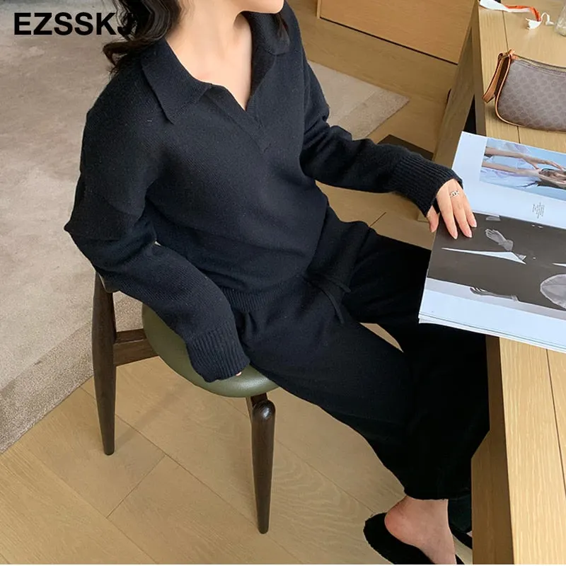2 Pieces Set Women oversize Tracksuit polo collar Sweater Pullover straight pants Sweater Set CHIC Knitted Outwear sweater suit