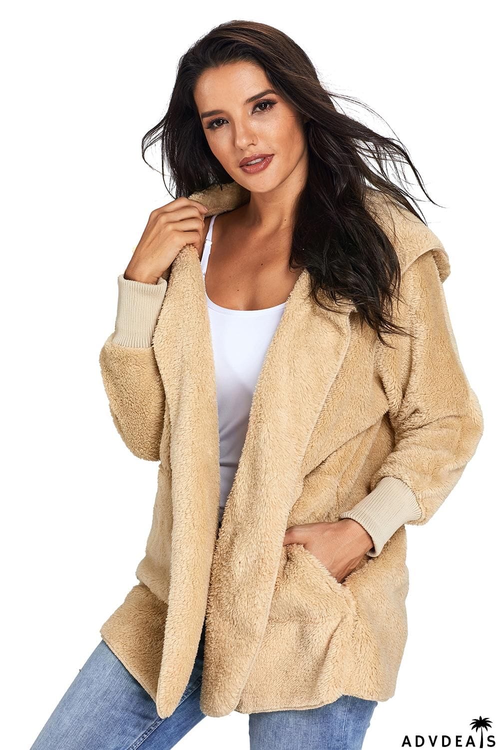 Khaki Hooded Open Front Soft Fleece Coat