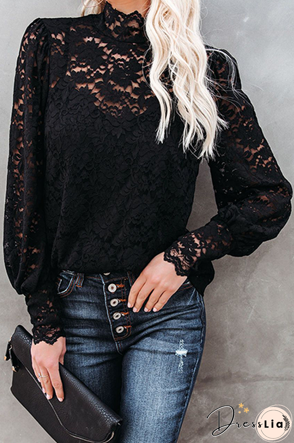 Elegant Solid Lace Hollowed Out Mandarin Collar Tops