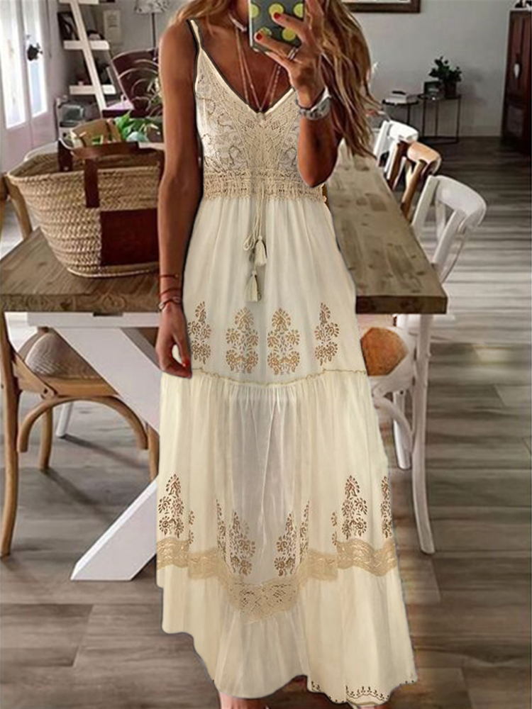 Boho Ethnic Floral Lace Tiered Cami Maxi Dress artswardrobe