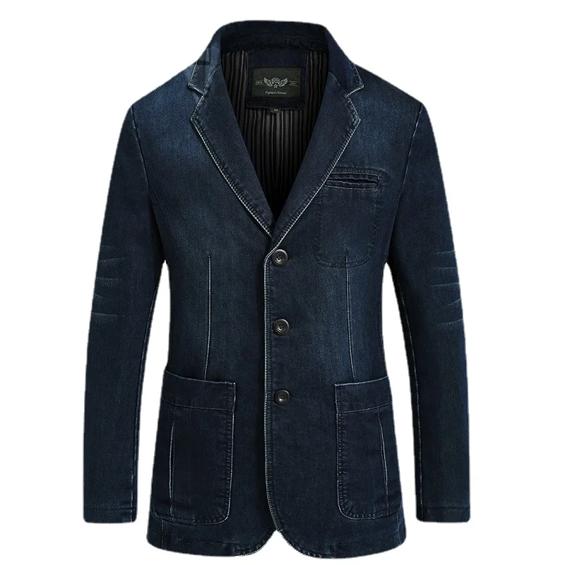 Men's Denim Suit Casual Business Slim Fit Lapel V-Neck Denim Suit Jacket