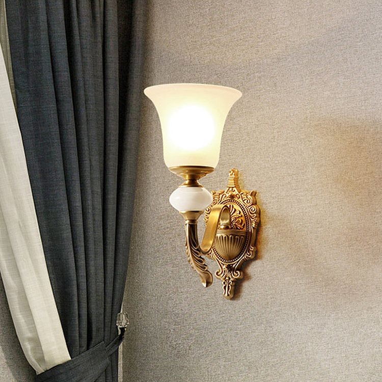Opal Glass Bell Up Sconce Lamp Traditional 1-Light Stairway Wall Mount Light Fixture in Brass