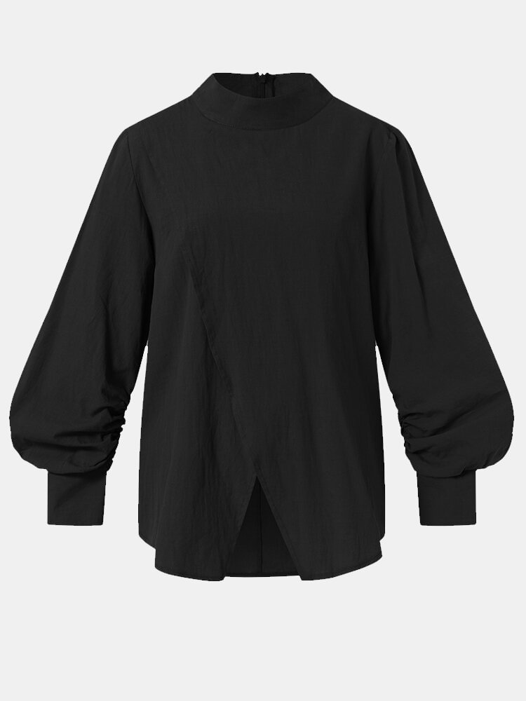 Solid Color Long Sleeve Zip Front Casual Blouse For Women P1803352