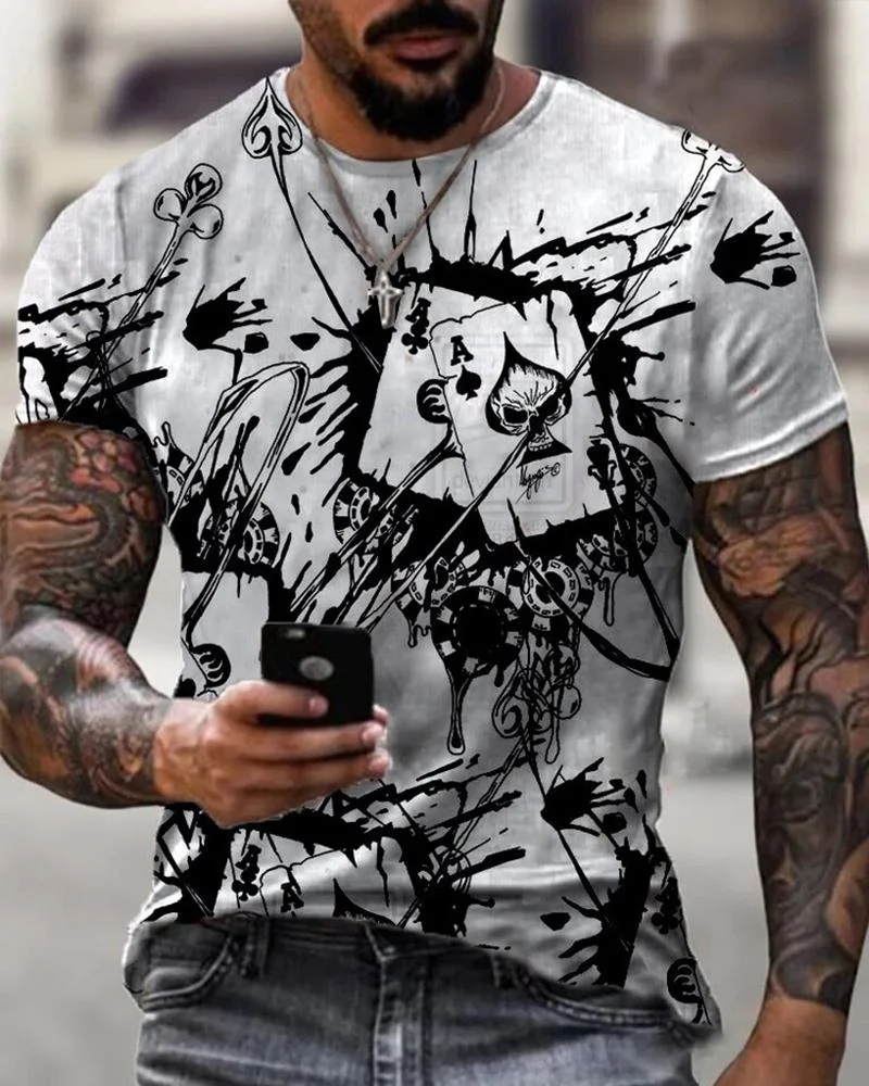 Slim-fit Short-sleeved Gray Graffiti Poker Casual T-shirt