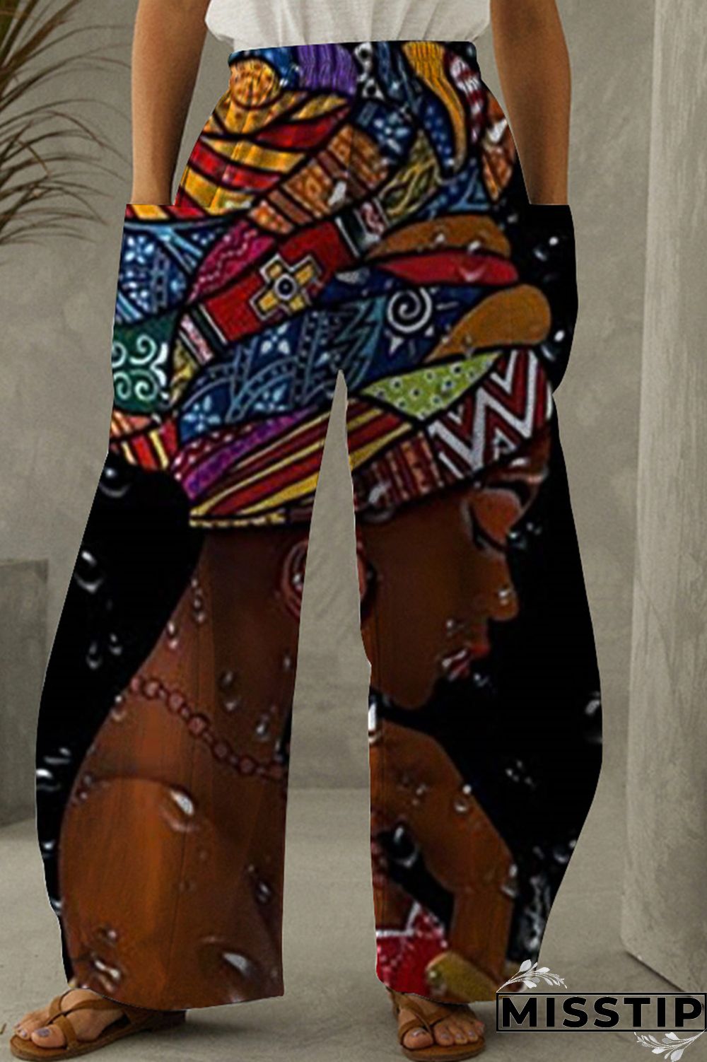 Black Yellow Fashion Casual Print Patchwork Pocket Regular High Waist Trousers