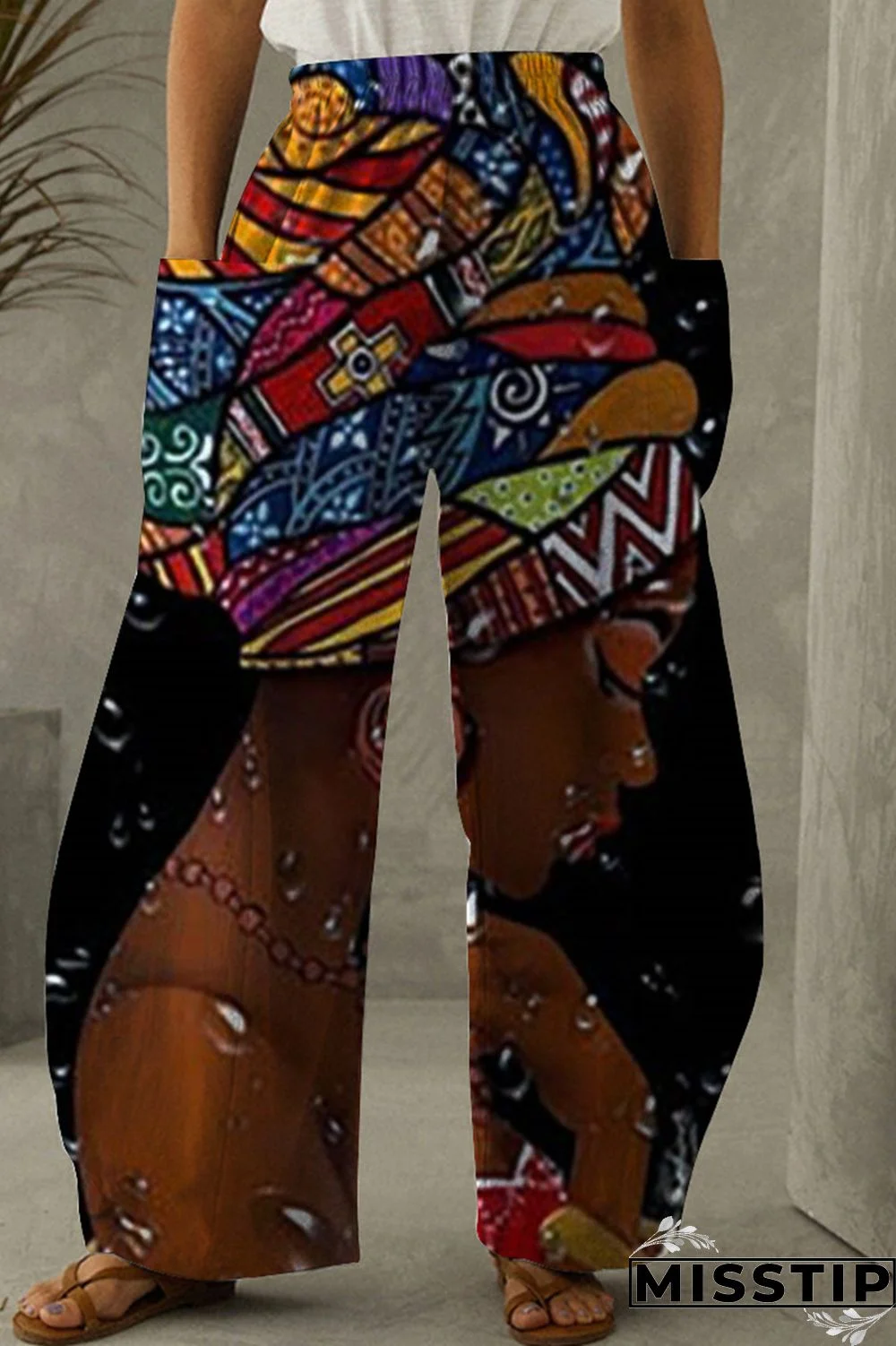 Black Yellow Fashion Casual Print Patchwork Pocket Regular High Waist Trousers