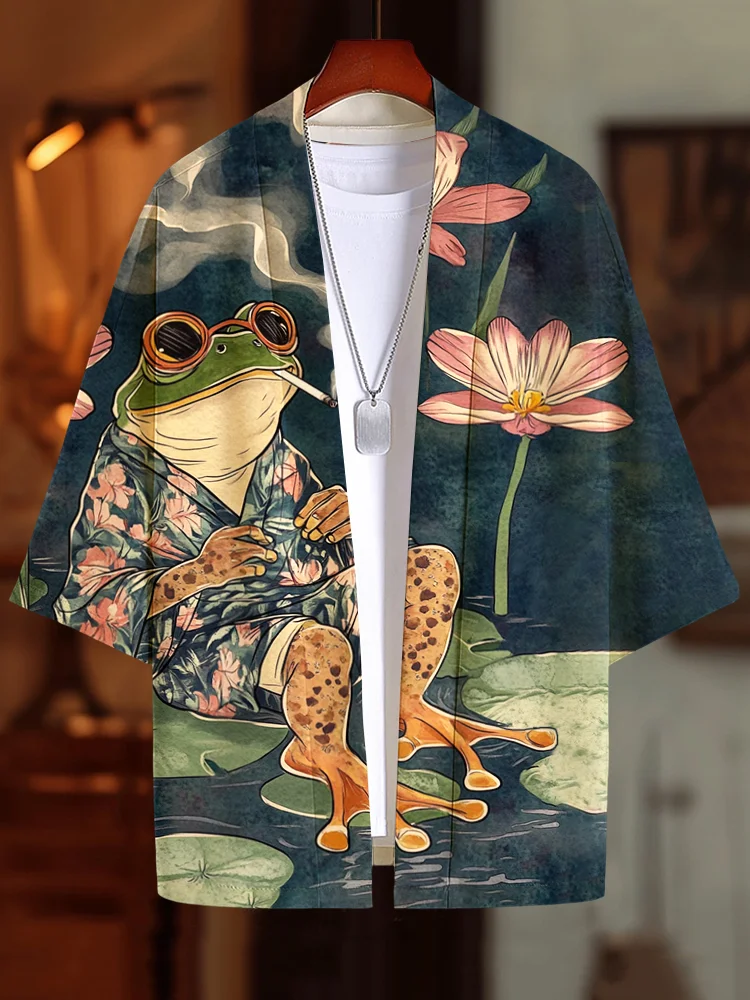 Men's Frog Lotus Pond Vacations Print Casual Kimono Cardigan